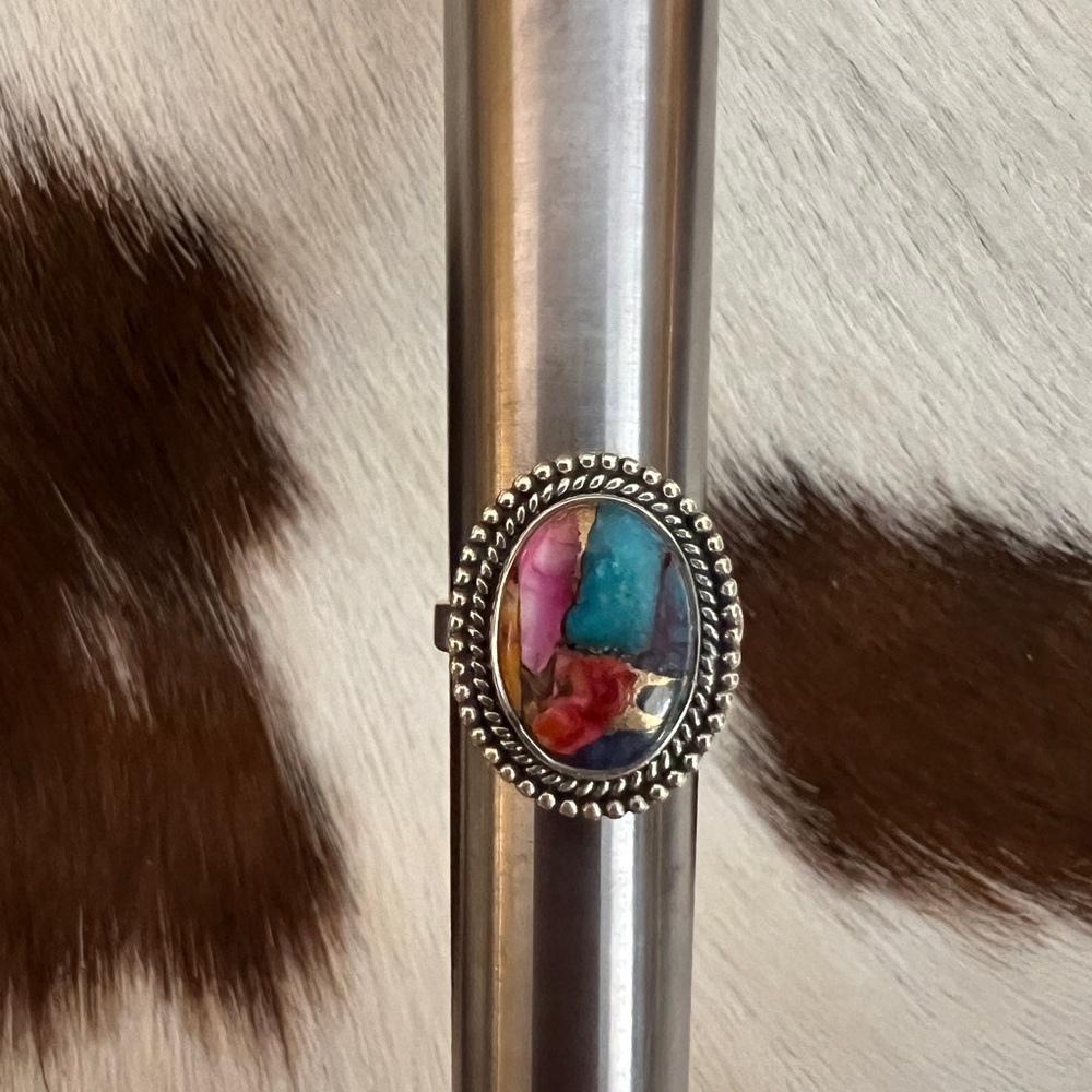 ❤️ Kingman Pink Spiny Oyster Turquoise / Pink Dahlia Navajo Sterling Ring Size 5 - Picture 4 of 15